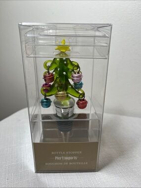 Pier 1 Green Glass Christmas Tree Wine Stopper with Multicolor Ornaments
New